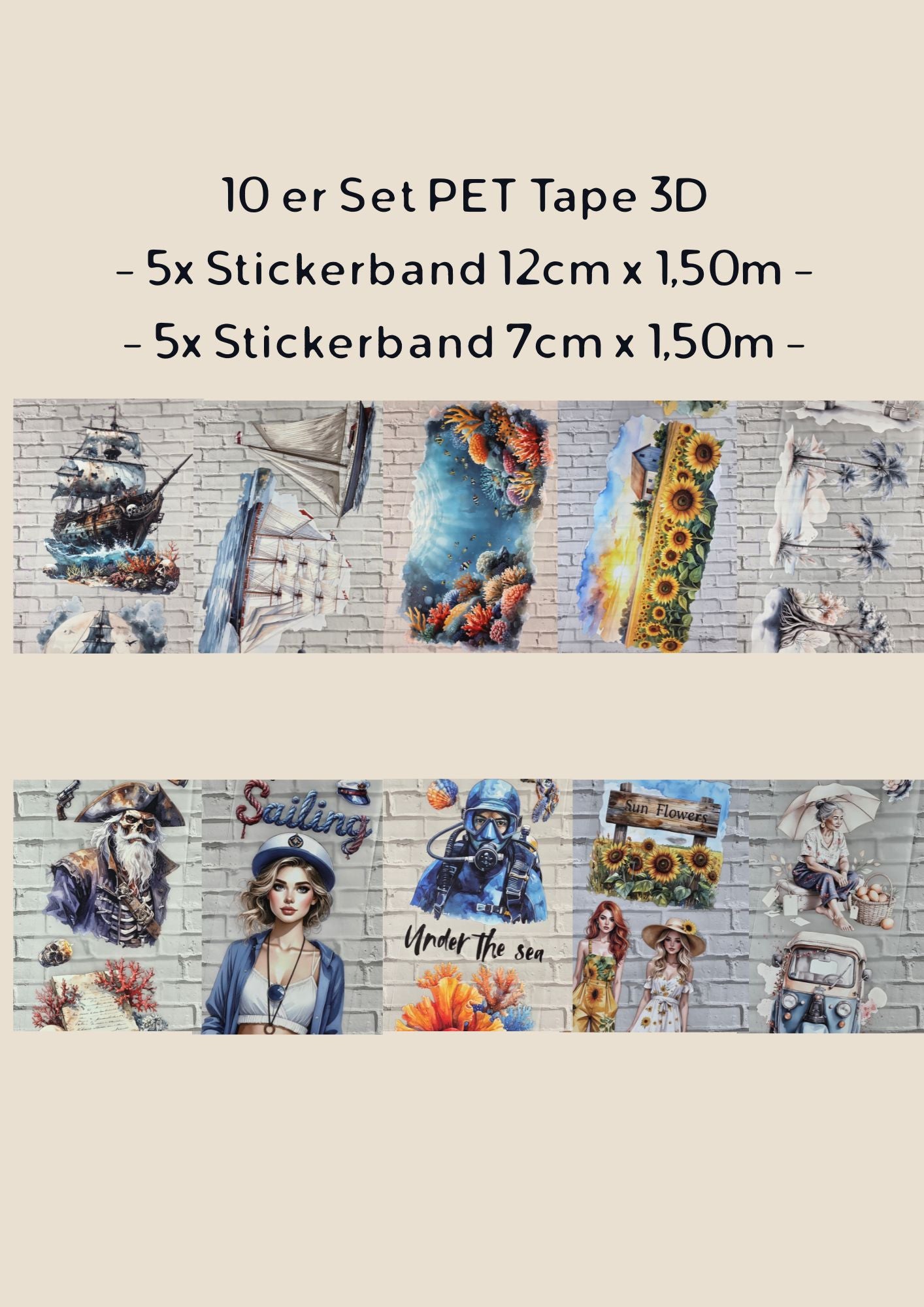 10er Set PET Tape 3D Stickerbänder Bundle 5x 12cm & 5x 7cm -Kollektion März 2026-