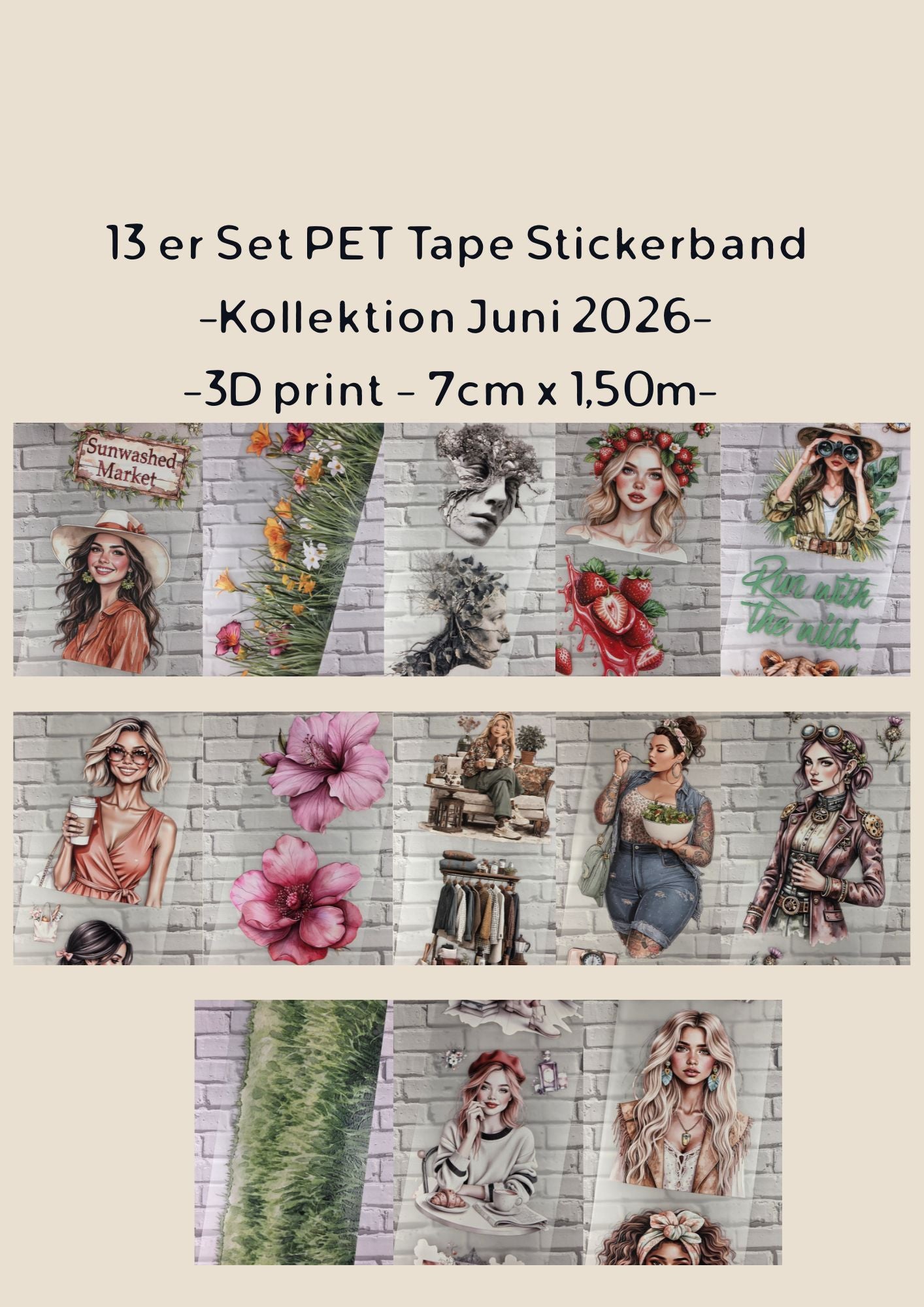 13er Set PET Tape 3D Stickerbänder Bundle 7cm x 1,50m - Kollektion Juni 2026 -