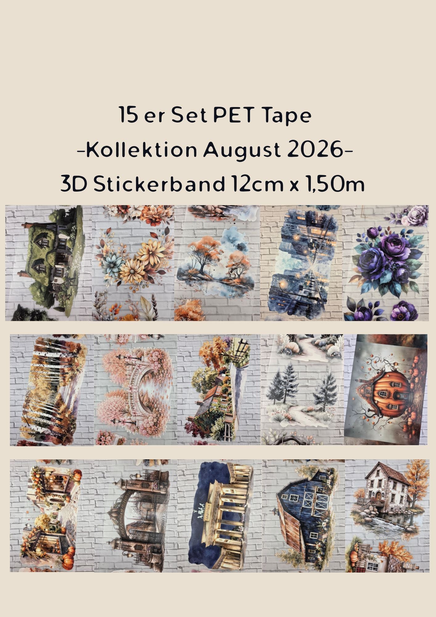 15er Set XL PET Tape 3D Stickerbänder Bundle 12cm x 1,50m Kollektion August 2026