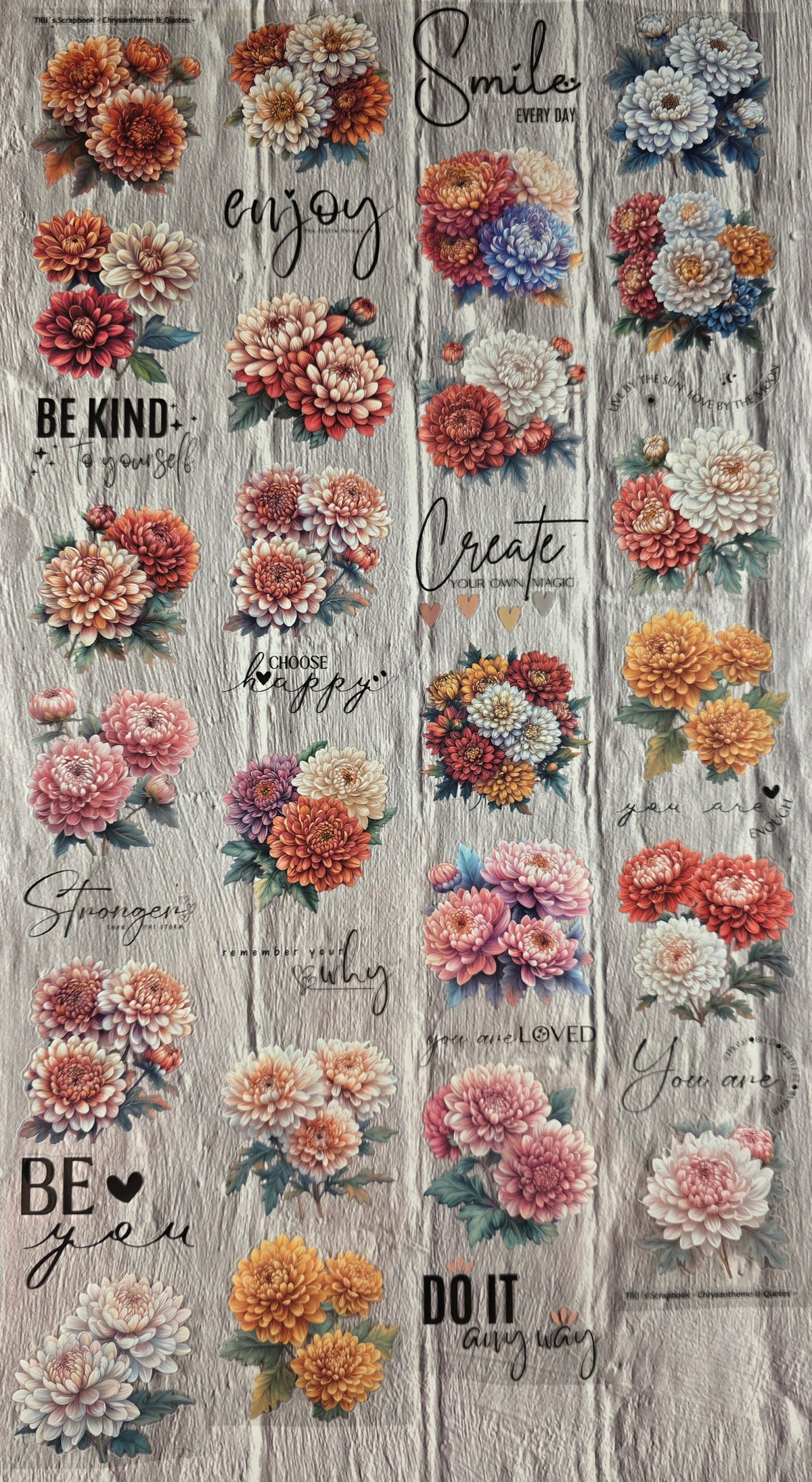 PET Tape clear PRE-CUT 3D Stickerband Chrysantheme & Quotes 7cm x 2,00m
