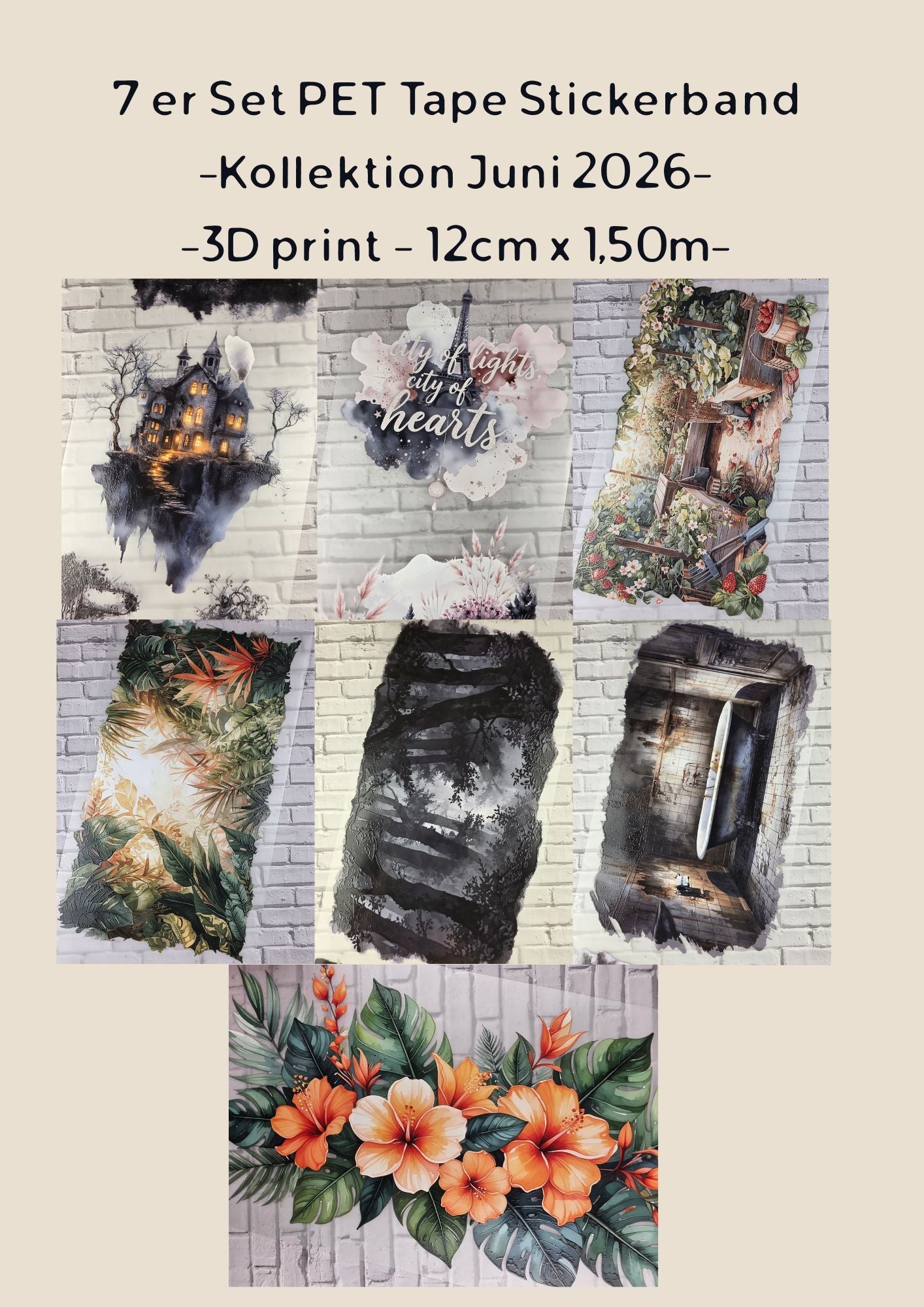 7er Set XL PET Tape 3D Stickerbänder Bundle 12cm x 1,50m - Kollektion Juni 2026 -