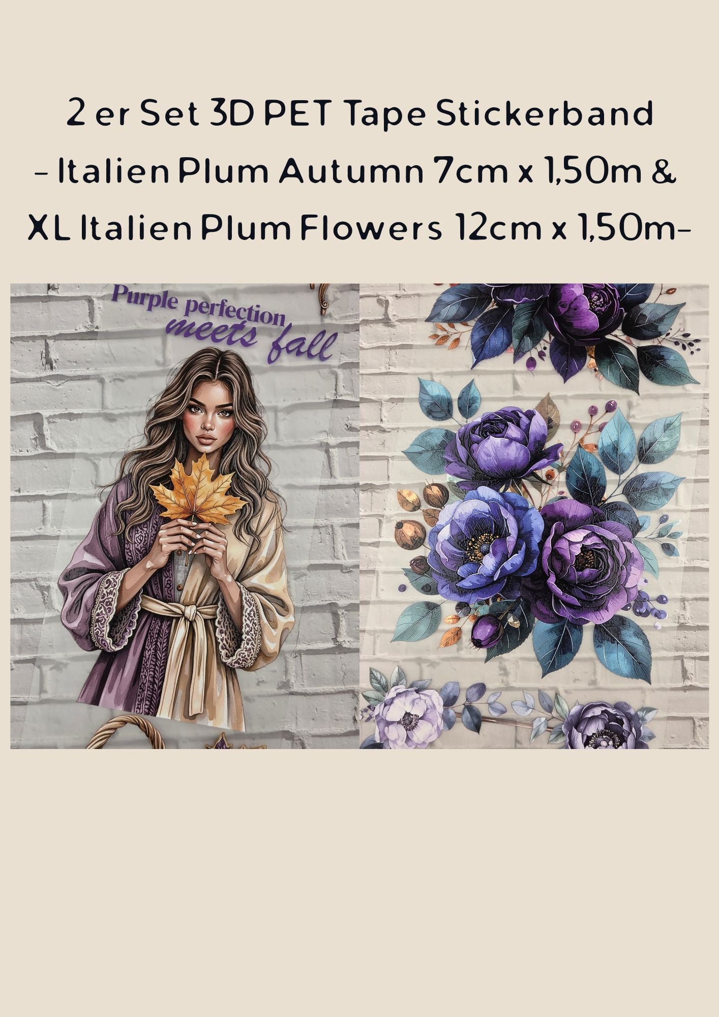 2er Set PET Tape ITALIEN PLUM 3D Stickerbänder Bundle (1 Stück 12cm x 1,50m / 1 Stück 7cm x 1,50m)