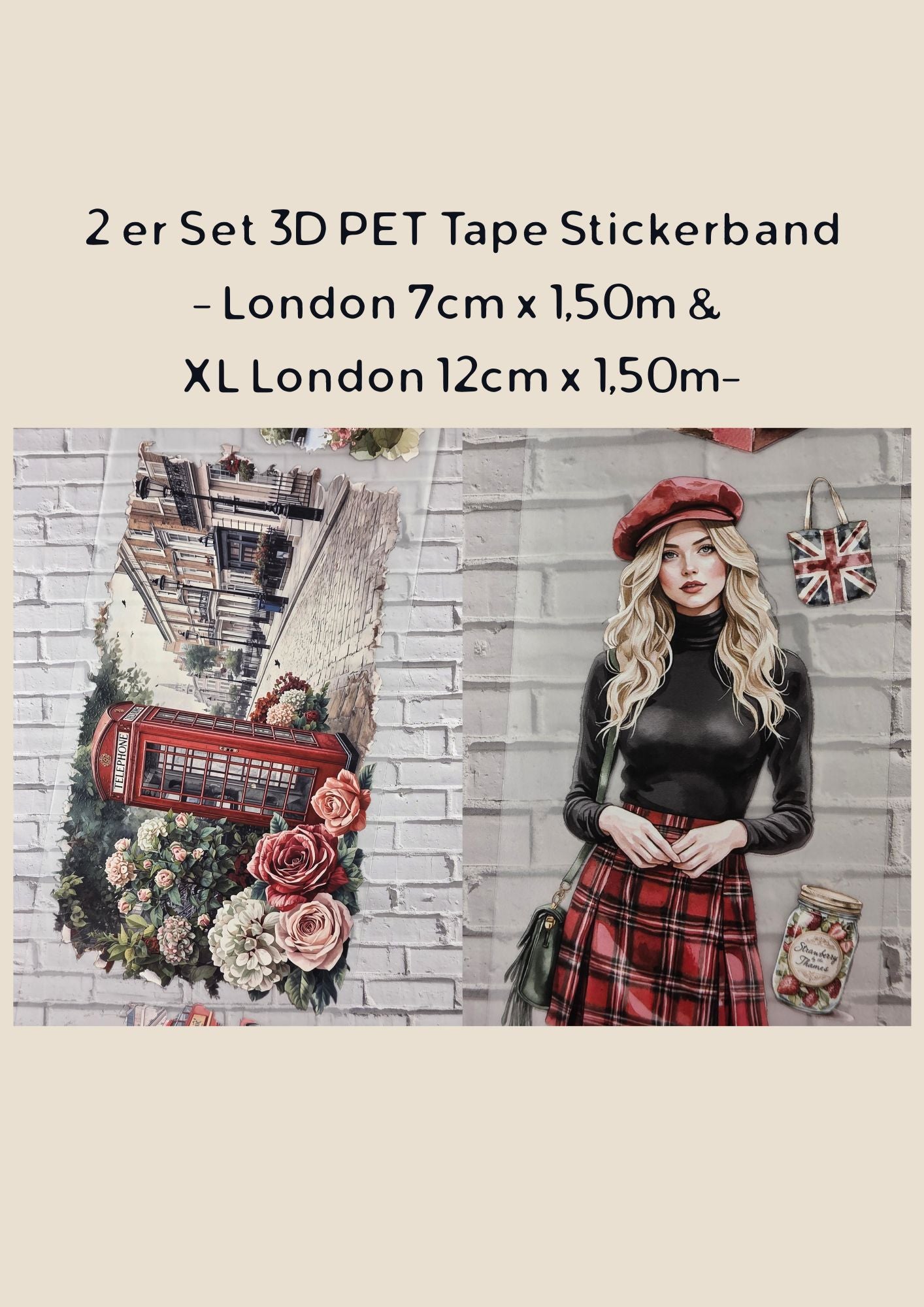 2er Set PET Tape LONDON 3D Stickerbänder Bundle (1 Stück 12cm x 1,50m / 1 Stück 7cm x 1,50m)
