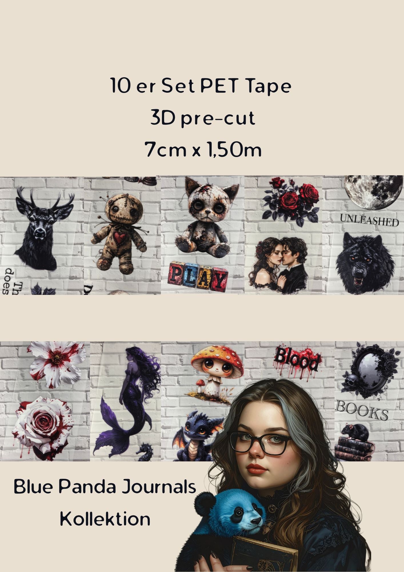 10er Set PET Tape 3D Stickerbänder pre-cut Bundle 7cm x 1,50m Blue Panda Journals Kollektion