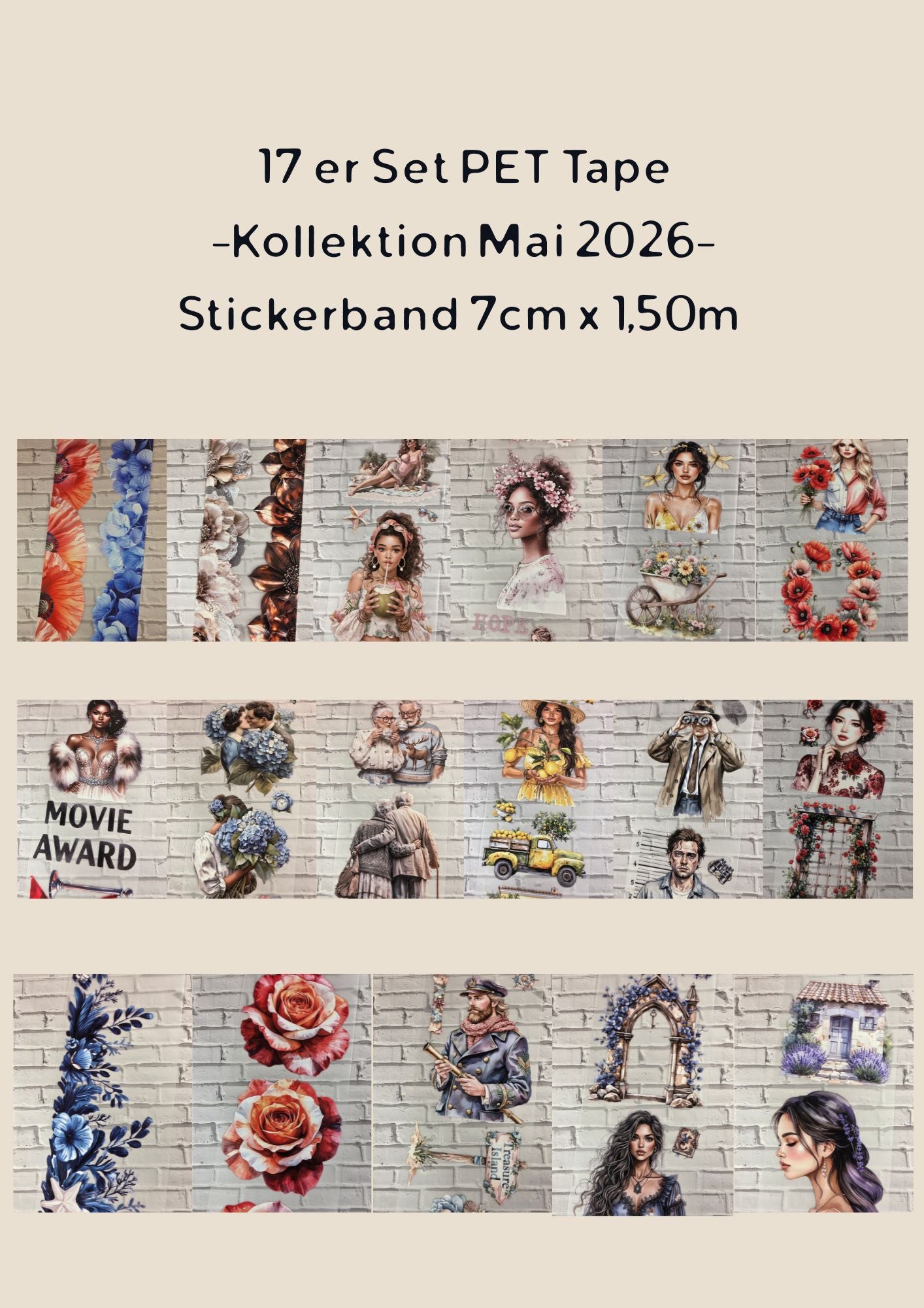 17er Set 3D PET Tape Stickerbänder Mega Bundle 7cm x 1,50m -Kollektion Mai 2026-