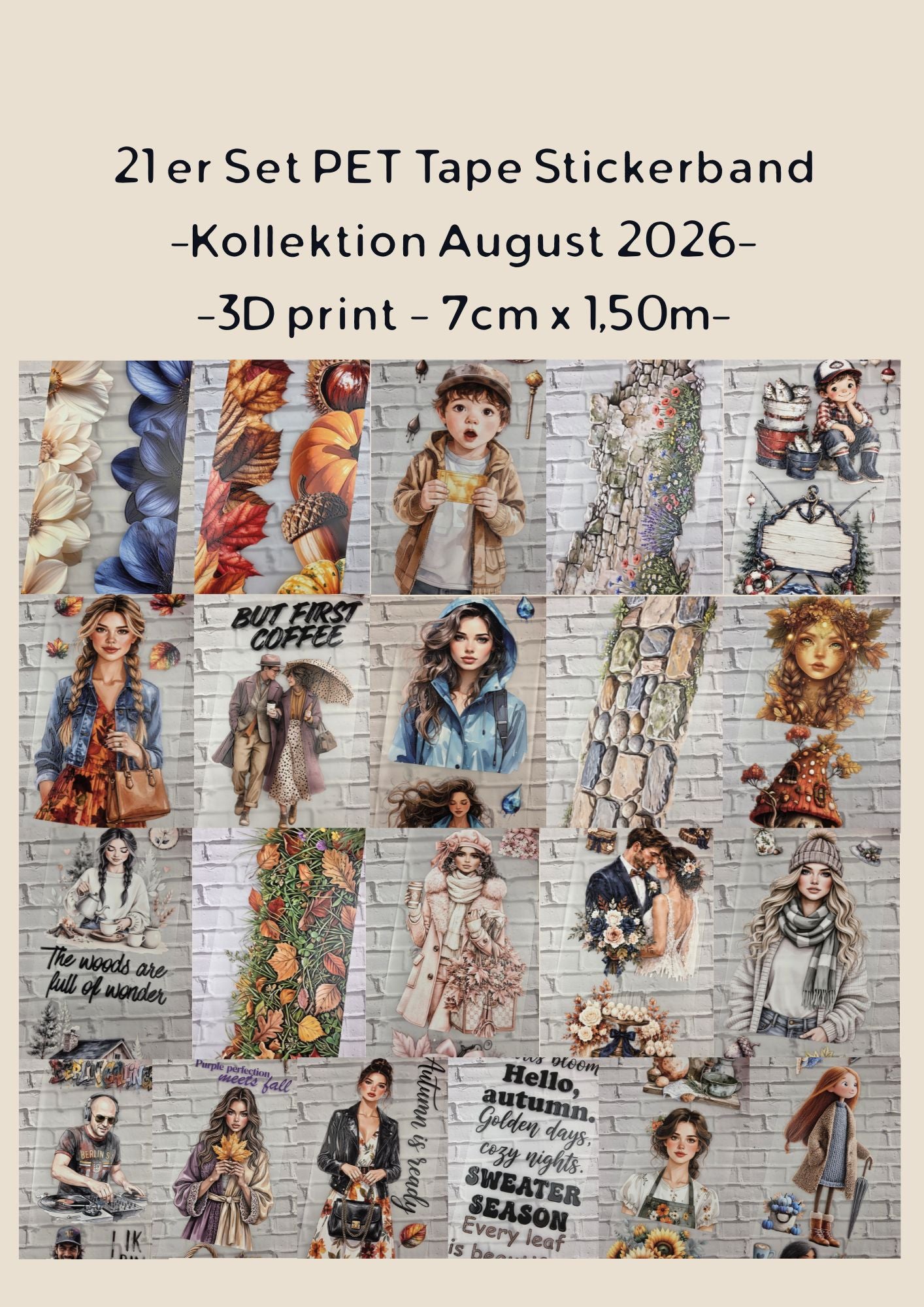 21er Set XL PET Tape 3D Stickerbänder Bundle 7cm x 1,50m Kollektion August 2026