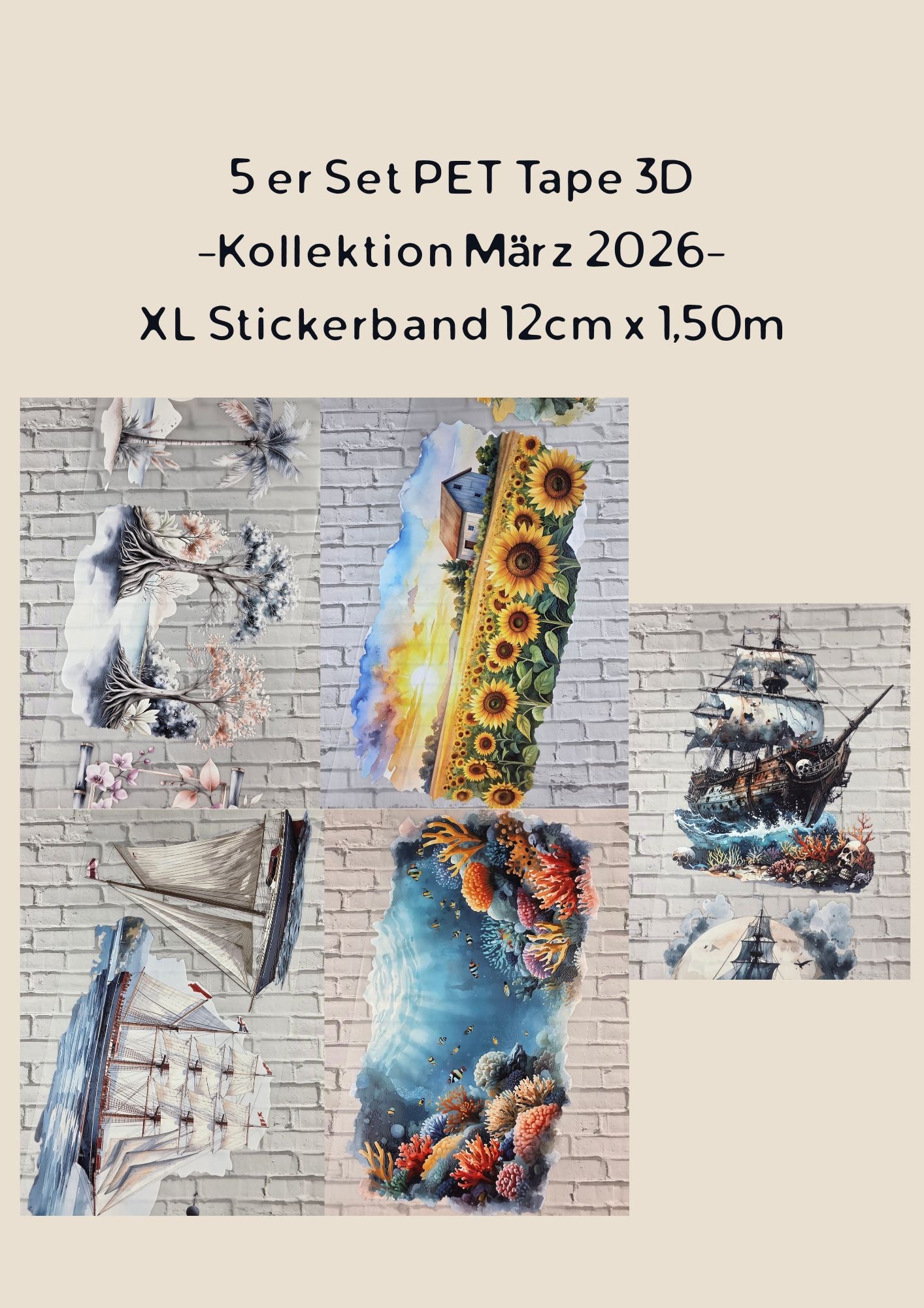 5er Set XL 3D PET Tape Stickerbänder Bundle 12cm x 1,50m -Kollektion März 2026-