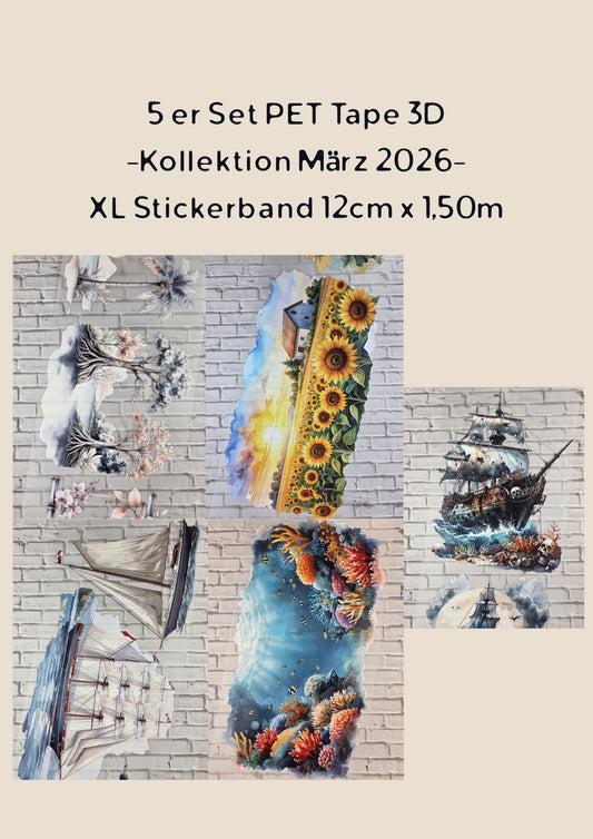 5er Set XL 3D PET Tape Stickerbänder Bundle 12cm x 1,50m -Kollektion März 2026-