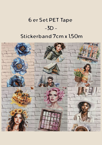 PET Tape Stickerband 6er Set 3D Bundle 7cm x 1,50m