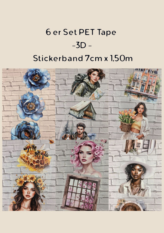 PET Tape Stickerband 6er Set 3D Bundle 7cm x 1,50m