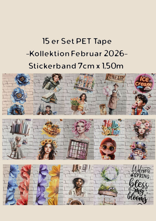 PET Tape 15er Set Stickerbänder Mega Bundle 7cm x 1,50m -Kollektion Februar 2026-