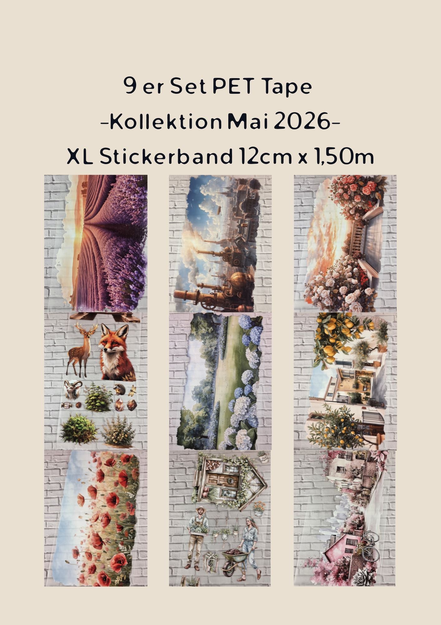 PET Tape 9er Set 3D XL Stickerbänder Bundle 12cm x 1,50m -Kollektion Mai 2026-