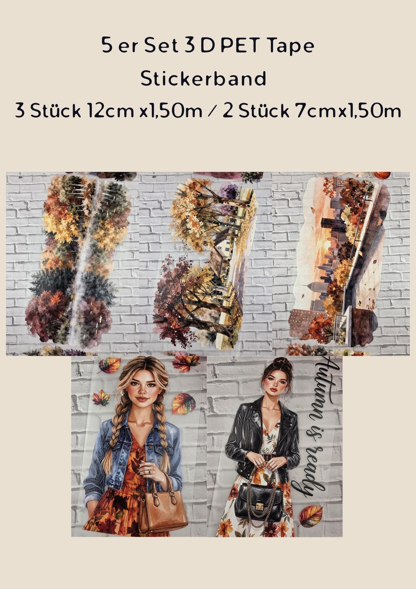 5er Set PET Tape AUTUMN 3D Stickerbänder Bundle (3 Stück 12cm x 1,50m / 2 Stück 7cm x 1,50m)