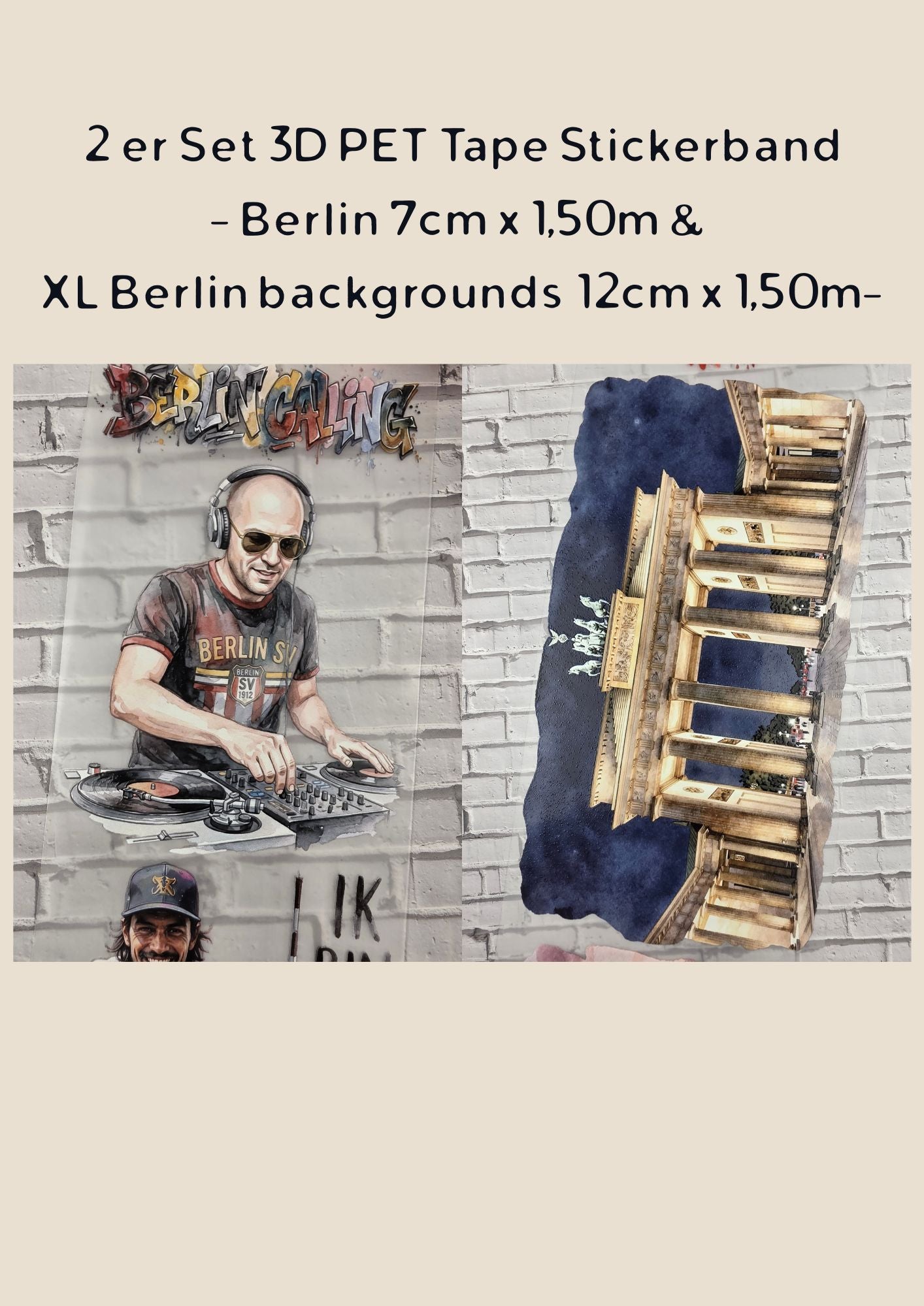 2er Set PET Tape BERLIN 3D Stickerbänder Bundle (1 Stück 12cm x 1,50m / 1 Stück 7cm x 1,50m)