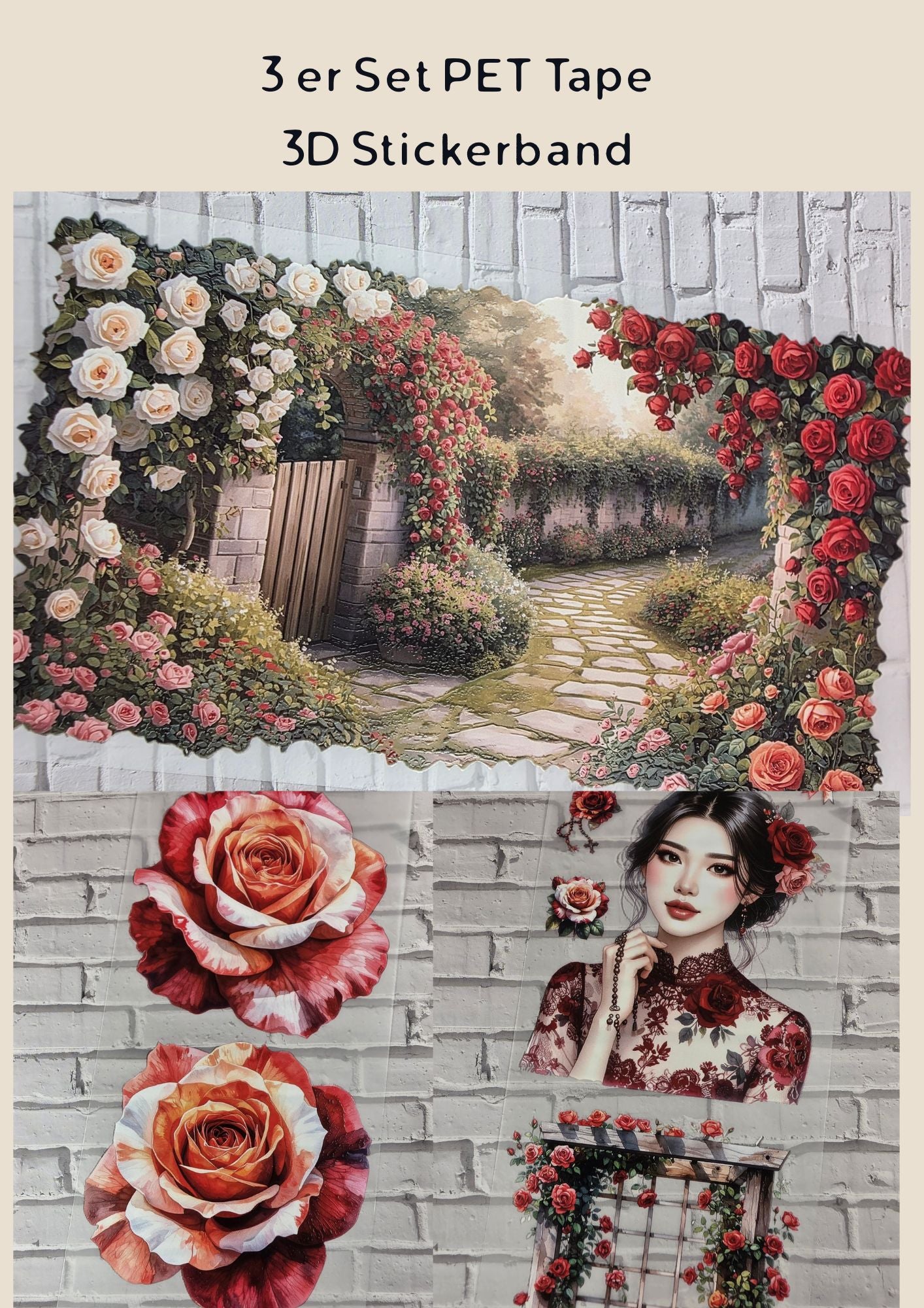 3er Set PET Tape 3D Stickerband XL Rosegarden, Rosegarden & Roses