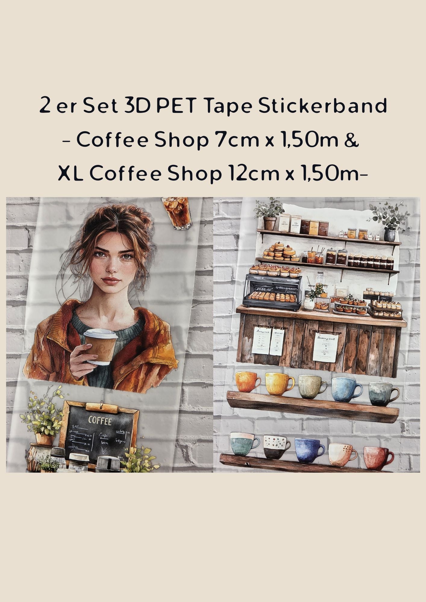 2er Set PET Tape COFFEE SHOP 3D Stickerbänder Bundle (1 Stück 12cm x 1,50m / 1 Stück 7cm x 1,50m)