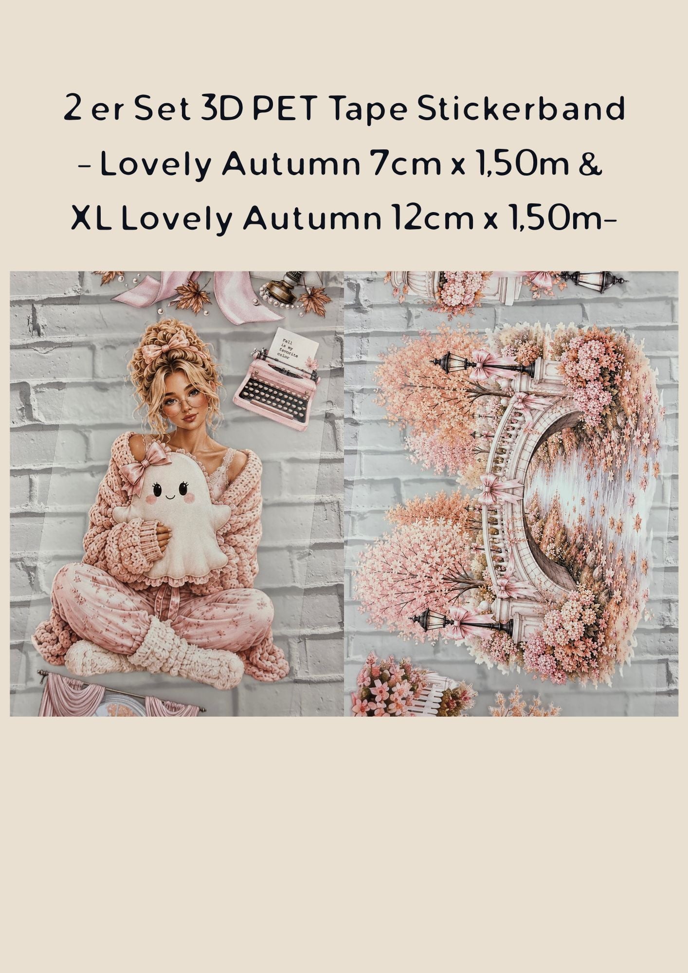 2er Set PET Tape LOVELY AUTUMN 3D Stickerbänder Bundle (1 Stück 12cm x 1,50m / 1 Stück 7cm x 1,50m)
