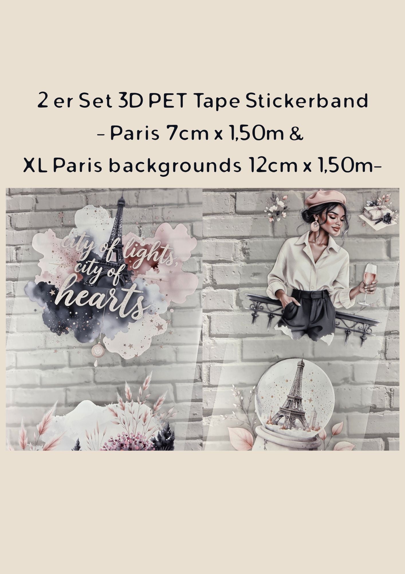 2er Set PET Tape PARIS 3D Stickerbänder Bundle (1 Stück 12cm x 1,50m / 1 Stück 7cm x 1,50m)