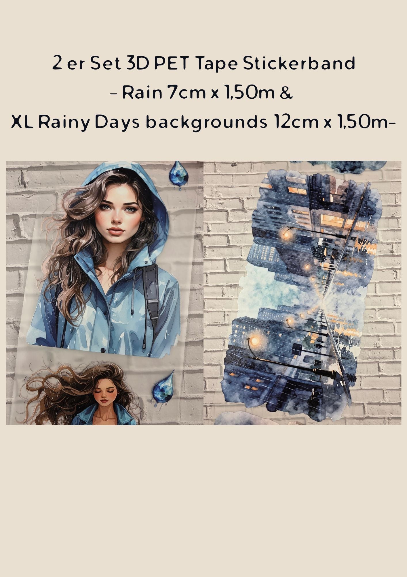 2er Set PET Tape RAIN 3D Stickerbänder Bundle (1 Stück 12cm x 1,50m / 1 Stück 7cm x 1,50m)