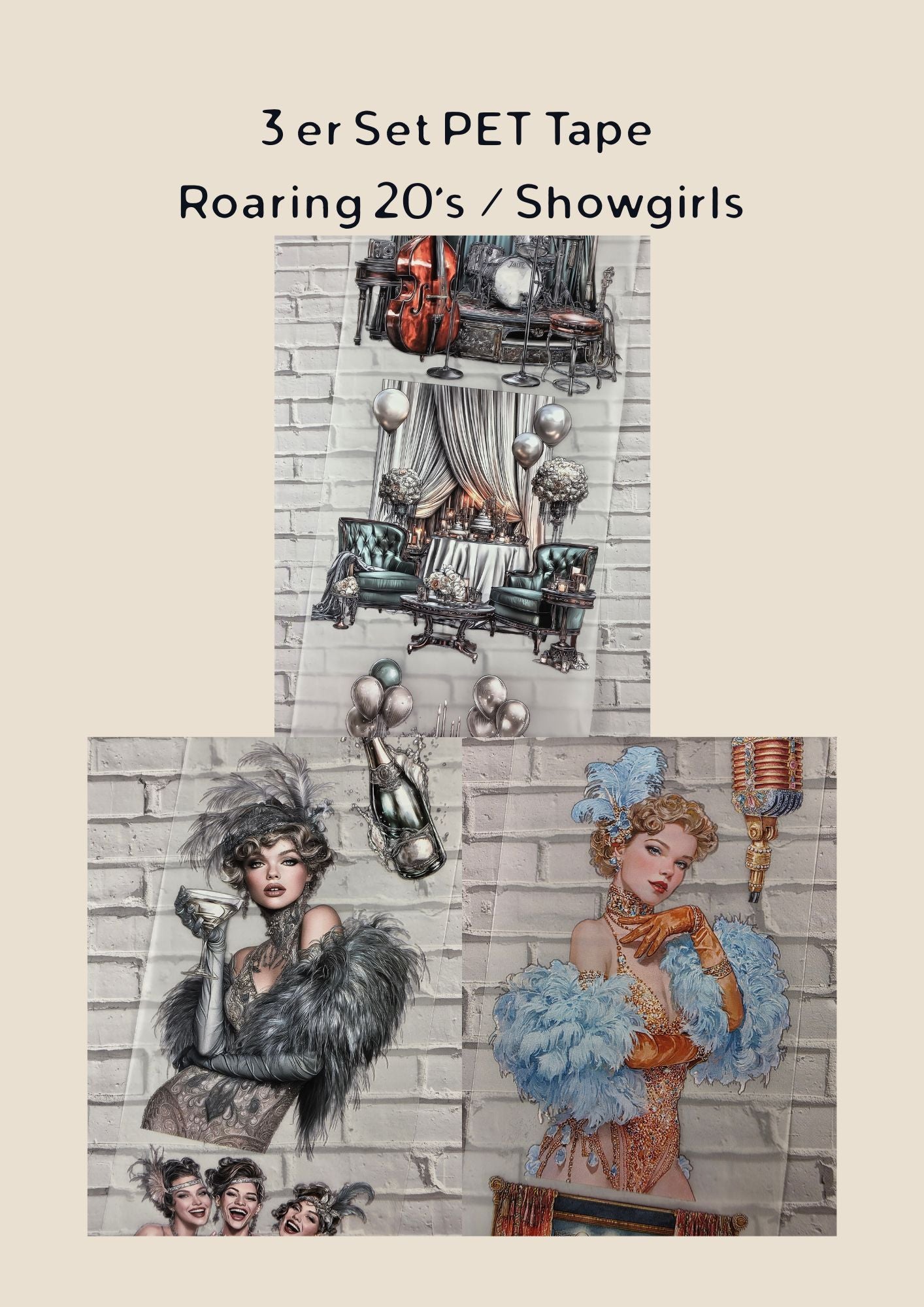 3er Set PET Tape 3D Stickerband Roaring 20´s & Showgirls (1 Stück 12cm x 1,50m, 2 Stück 7cm x 1,50m)