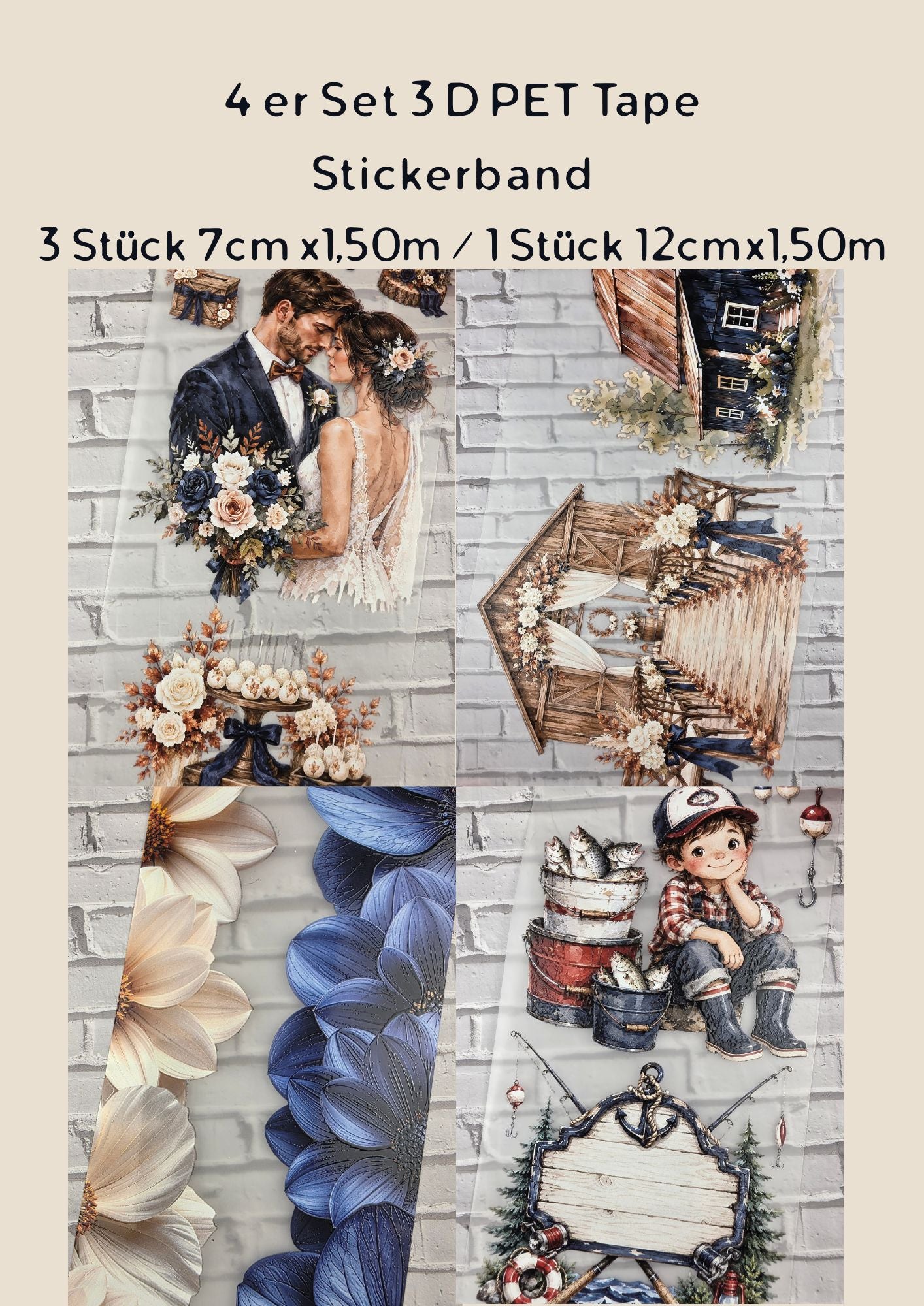 4er Set XL PET Tape RUSTIC 3D Stickerbänder Bundle (1 Stück 12cm x 1,50m / 3 Stück 7cm x 1,50m)